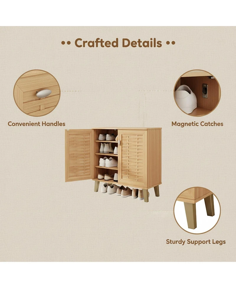 Yigii 4-Tier Shoe Cabinet with Woven Doors 3 Adjustable Shelves Freestanding Wood Storage for Entryway Hallway Living Room