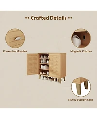 Yigii 4-Tier Shoe Cabinet with Woven Doors 3 Adjustable Shelves Freestanding Wood Storage for Entryway Hallway Living Room