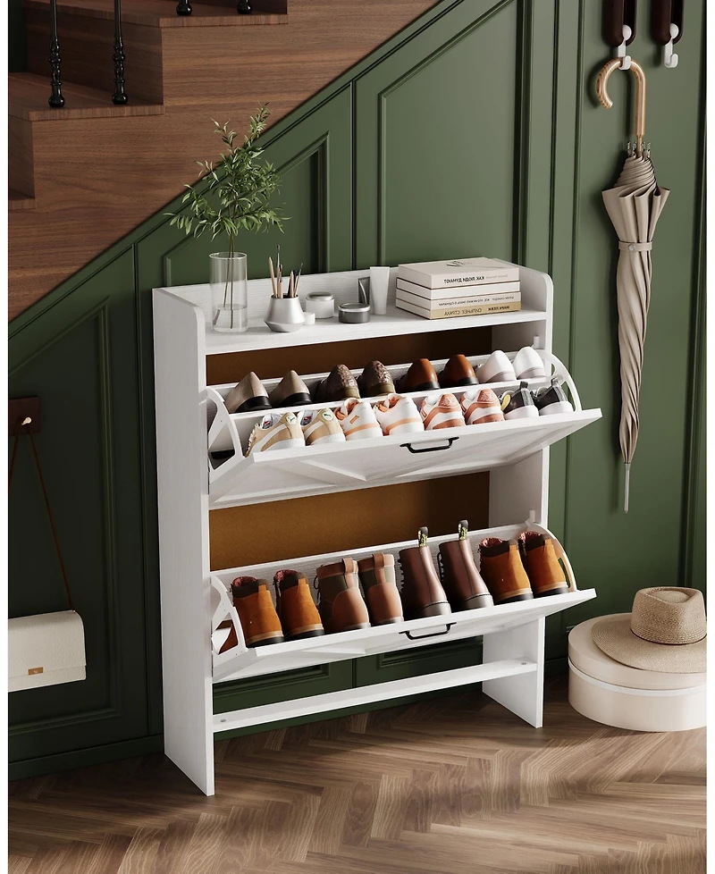 homfan Farmhouse Shoe Cabinet with 2 Flip Drawers, White, Slim Entryway Storage with Metal Legs