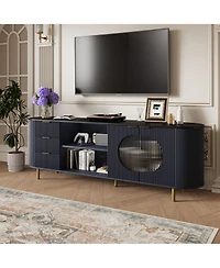 Rainsken 69" Curved Media Console for TVs Up to 80", Modern Entertainment Center with Wavy Acrylic Doors and Spacious Storage for Living Room