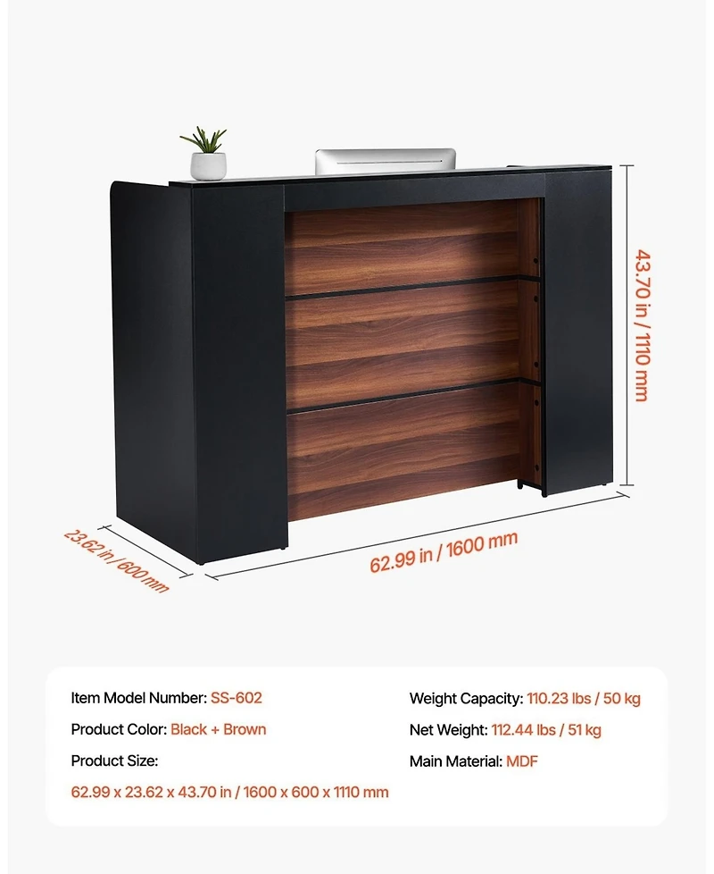 Sugift Reception Desk, 62 Inch Front Counter Table with Led Light for Office Use