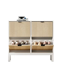 homfan Fluted Shoe Cabinet with 4 Flip Drawers, White and Oak, Slim Entryway Storage with Metal Legs