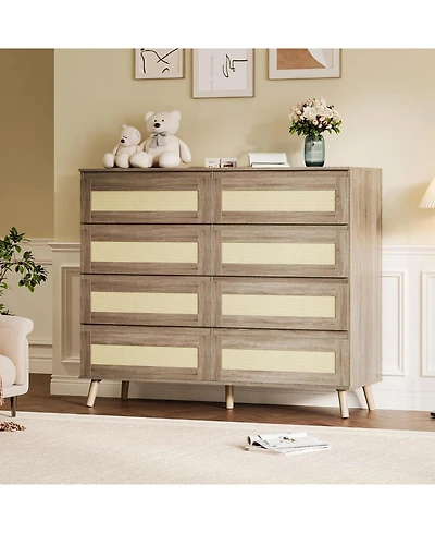 gaomon Modern Rattan 8 Drawer Dresser for Bedroom, Wooden Chest of Drawers with Storage