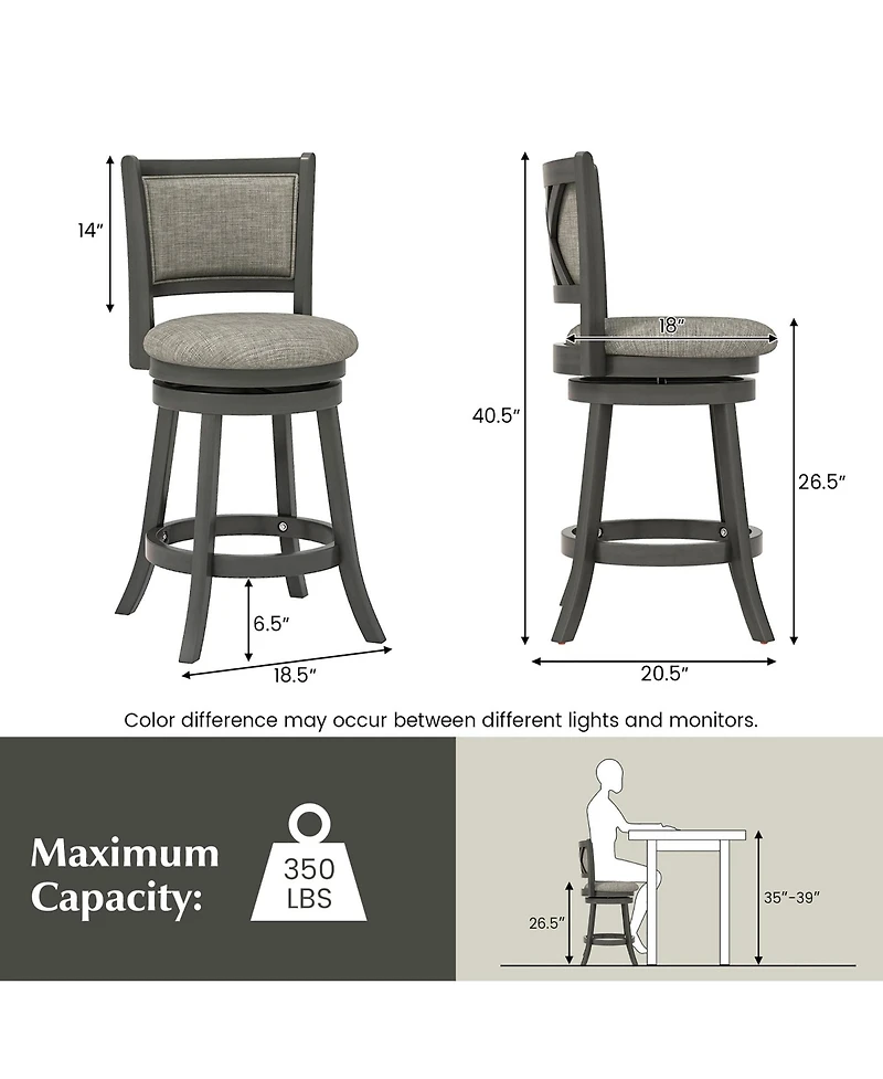 Gymax Swivel Bar Stools Set of 2 w/ Soft-padded Back and Seat Sturdy Wooden Frame