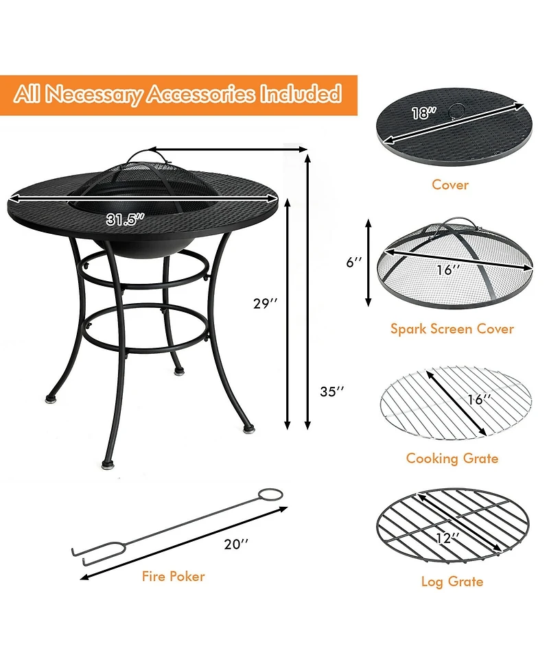 Gymax 31.5'' Patio Fire Pit Dining Table Charcoal Wood Burning W/ Cooking Bbq Grate
