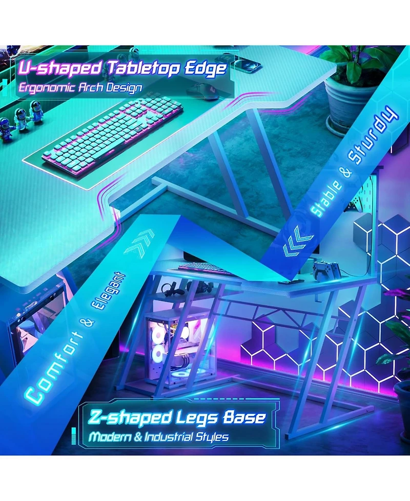 Aheaplus 55'' Gaming Desk - Cumputer Desk with Hutch, Outlets, and Led Lights