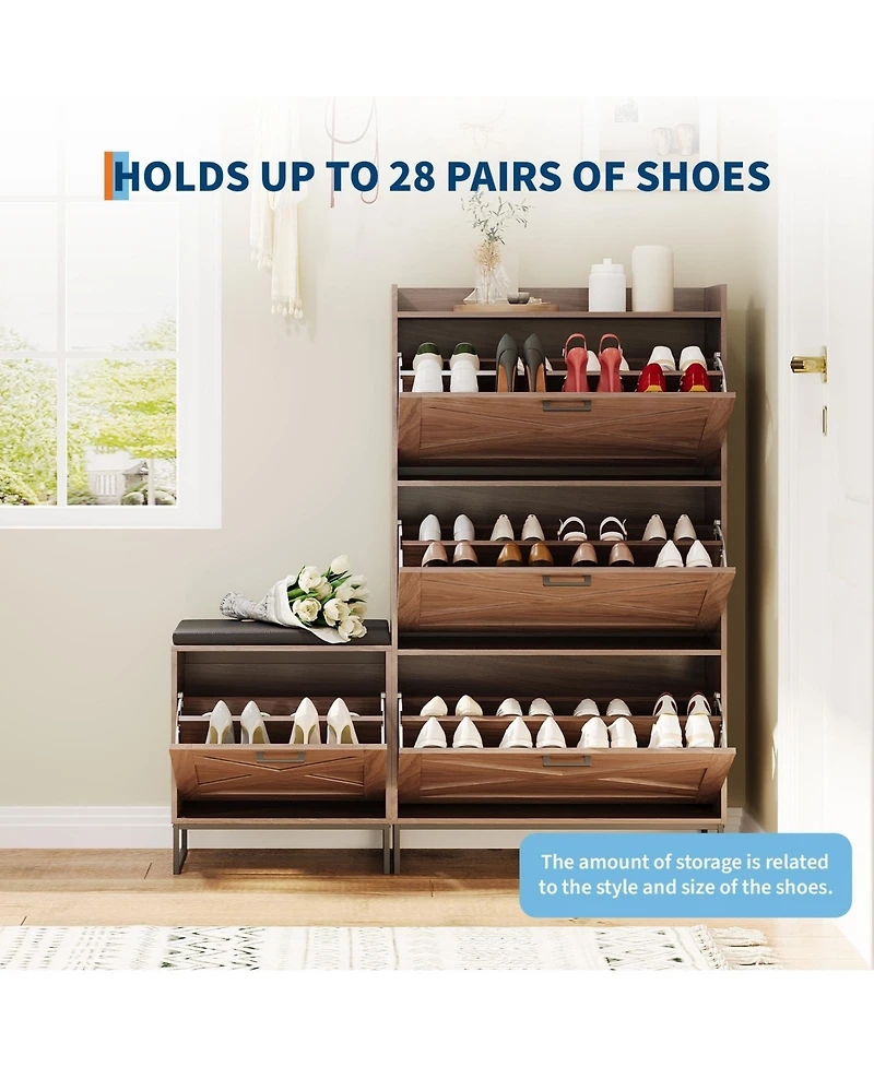 homfan Farmhouse Shoe Cabinet with 4 Flip Drawers and Upholstered Bench, Walnut Entryway Storage