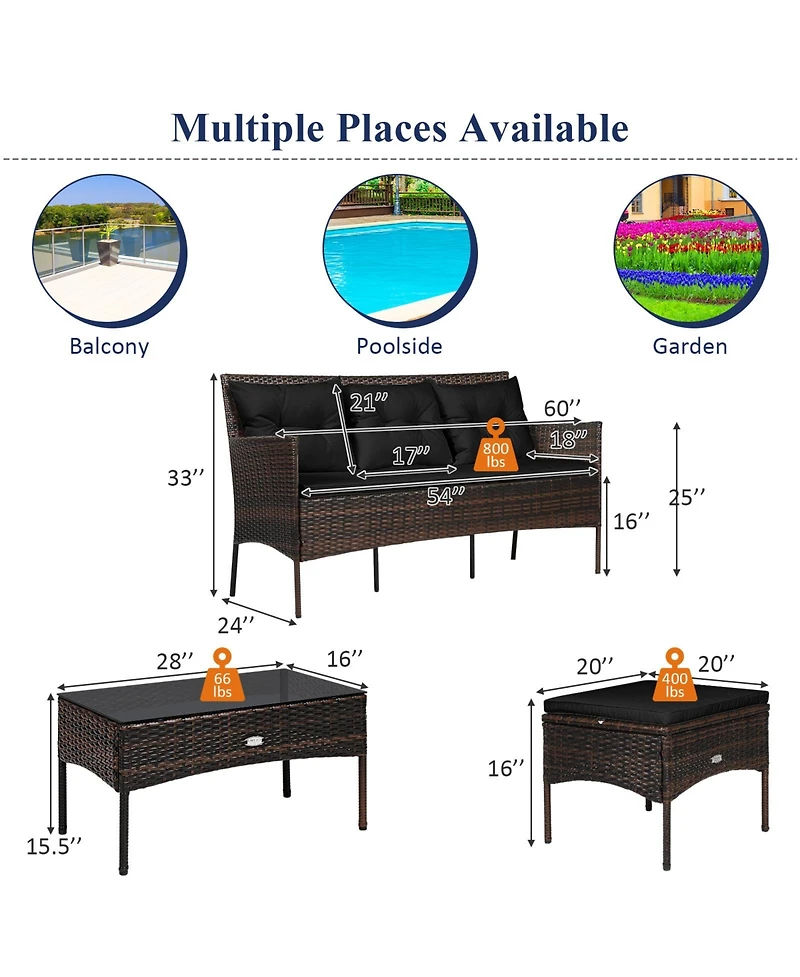 Gouun 3-Piece Outdoor Rattan Sectional Sofa Set with Ottoman and Coffee Table