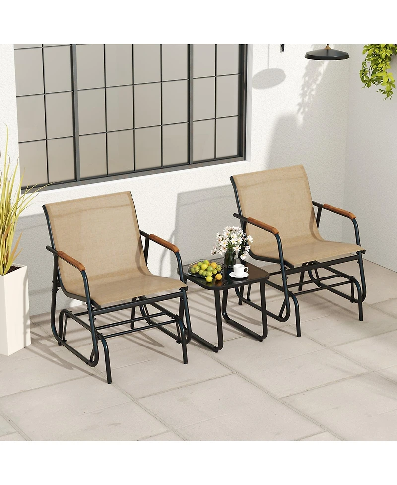 Gouun 3-Piece Outdoor Glider Bistro Set with Teak Wood and Glass Table