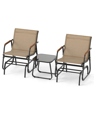 Gouun 3-Piece Outdoor Glider Bistro Set with Teak Wood and Glass Table