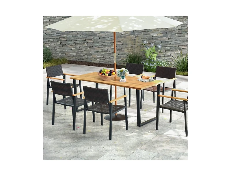Clihome 6-Person Acacia Wood Outdoor Dining Table with 2 Inch Umbrella Hole