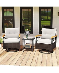 Gouun 3-Piece Outdoor Swivel Wicker Chair Set with Tempered Glass Side Table