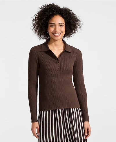 Lands' End Women's Cotton Ribbed Long Sleeve Polo Sweater