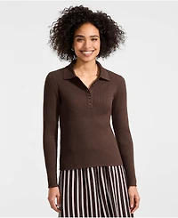 Lands' End Women's Cotton Ribbed Long Sleeve Polo Sweater