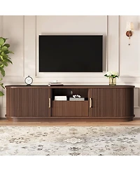 Rainsken Fluted Entertainment Center for TVs Up to 75 Inches, Farmhouse Style Media Stand with Sliding Wood Slatted Doors and Drawer for Living Room