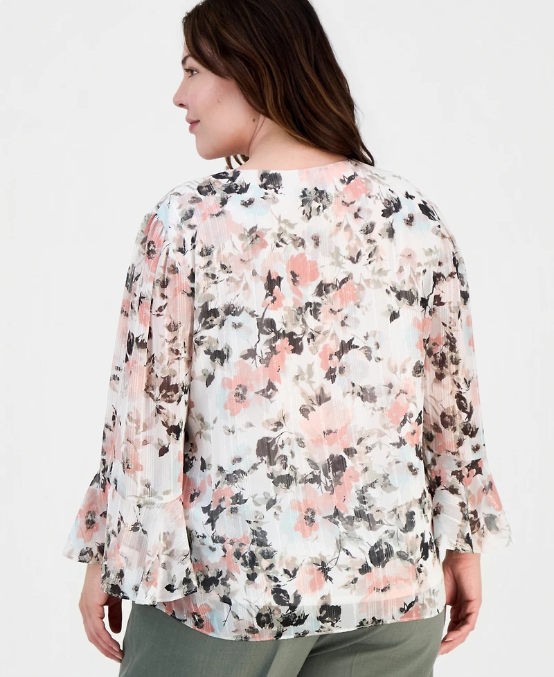 Kasper Plus Printed Bell-Sleeve Blouse