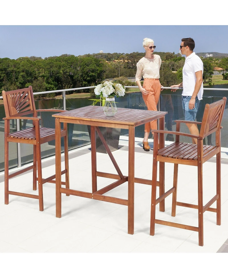 sumyeg 3-Piece Patio Acacia Wood Bar Set with Sunflower Pattern Backrest and Bar Table