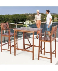 sumyeg 3-Piece Patio Acacia Wood Bar Set with Sunflower Pattern Backrest and Bar Table