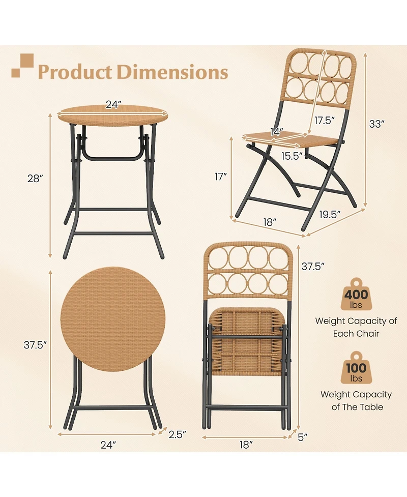 Sugift 3 Piece Folding Patio Bistro Set with Round Table and Chairs