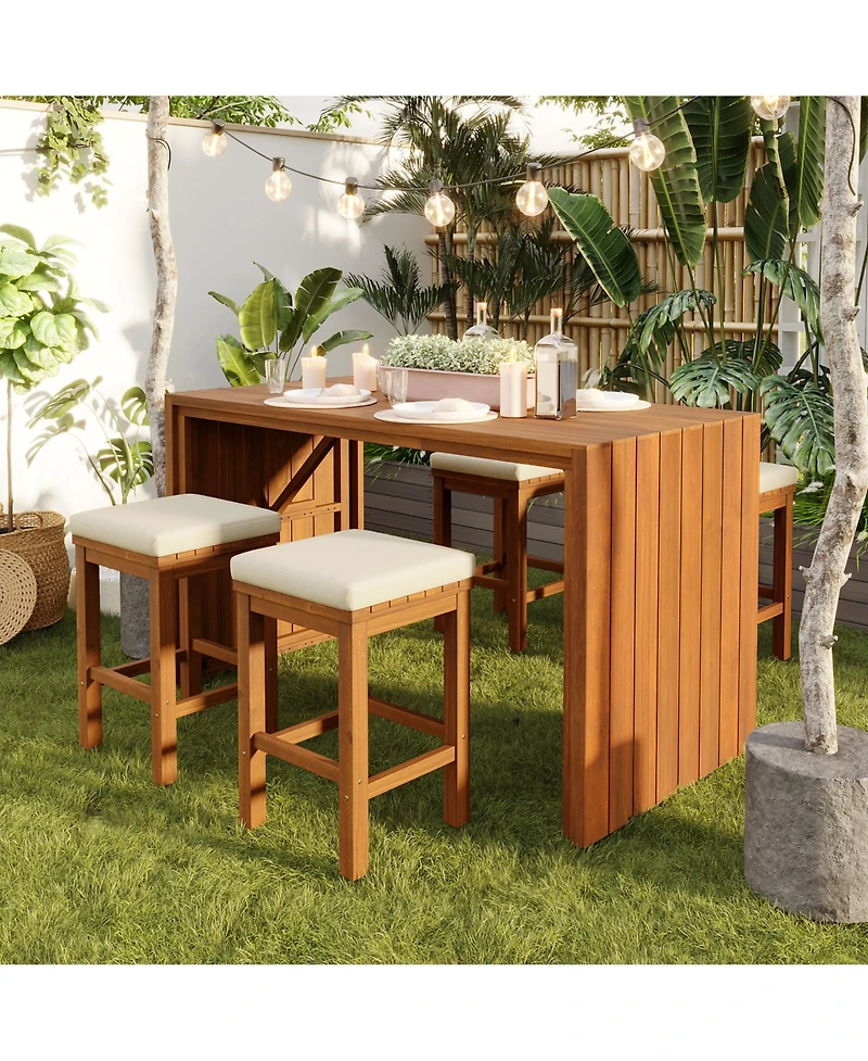 sumyeg 5-Piece Outdoor Bar Set with Acacia Wood Bar Height Table and 4 Stools with Cushions