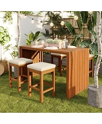 sumyeg 5-Piece Outdoor Bar Set with Acacia Wood Bar Height Table and 4 Stools with Cushions