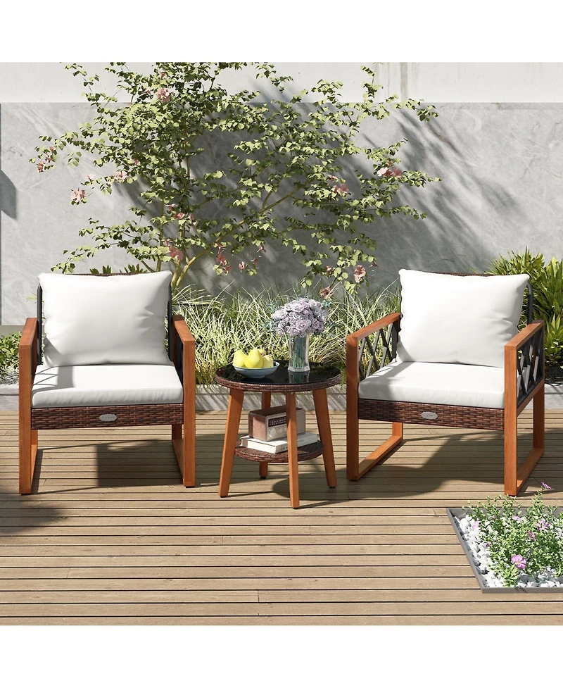 Gouun 3-Piece Outdoor Wicker Patio Set with Acacia Wood and Glass Table