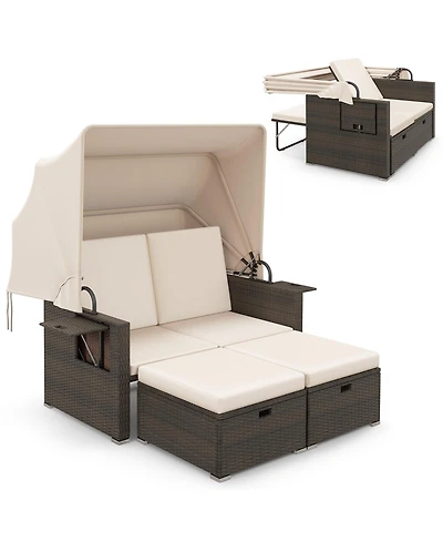 Sugift Outdoor Patio Rattan Daybed with Retractable Canopy and Backrests