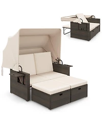 Sugift Outdoor Patio Rattan Daybed with Retractable Canopy and Backrests