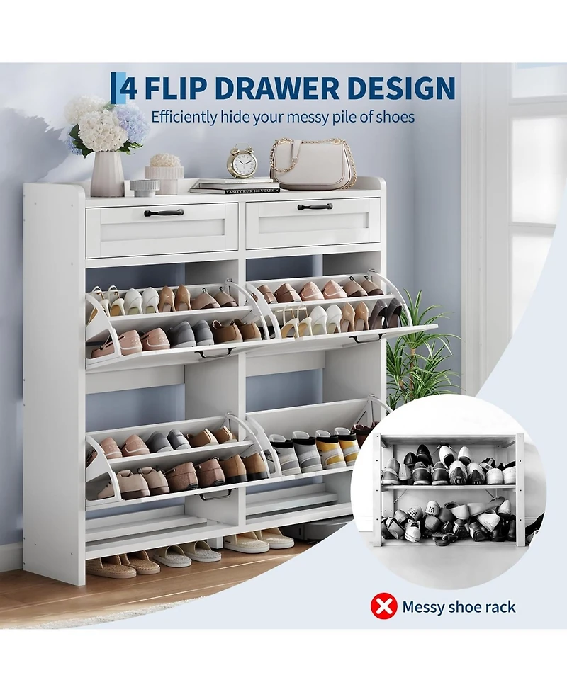 Homfan Shoe Cabinet with 4 Flip Drawers & 2 Top Drawers, Wooden Organizer Adjustable Shelf, Freestanding Storage Cabinets