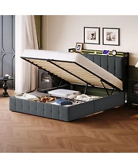 HomfanLift Up Bed Frame with Charging Station and Led Lights, Upholstered Button Tufted Wingback Storage Headboard