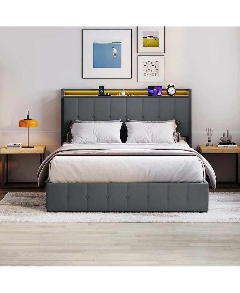 HomfanLift Up Bed Frame with Charging Station and Led Lights, Upholstered Button Tufted Wingback Storage Headboard