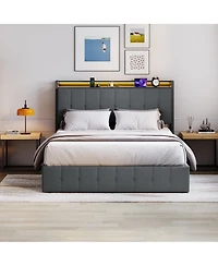 HomfanLift Up Bed Frame with Charging Station and Led Lights, Upholstered Button Tufted Wingback Storage Headboard