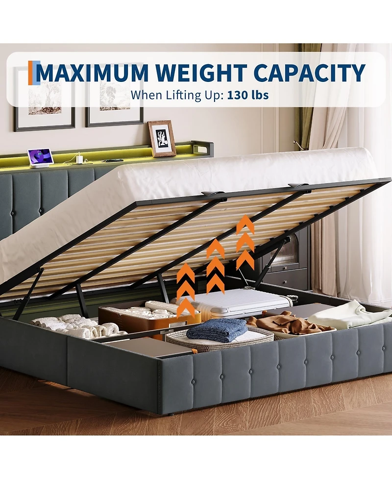HomfanLift Up Bed Frame with Charging Station and Led Lights, Upholstered Button Tufted Wingback Storage Headboard