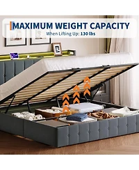 HomfanLift Up Bed Frame with Charging Station and Led Lights, Upholstered Button Tufted Wingback Storage Headboard