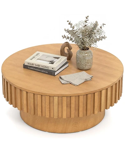 Slickblue Modern Round Wooden Drum Coffee Table with Hidden Storage Compartment