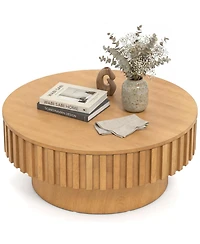 Slickblue Modern Round Wooden Drum Coffee Table with Hidden Storage Compartment