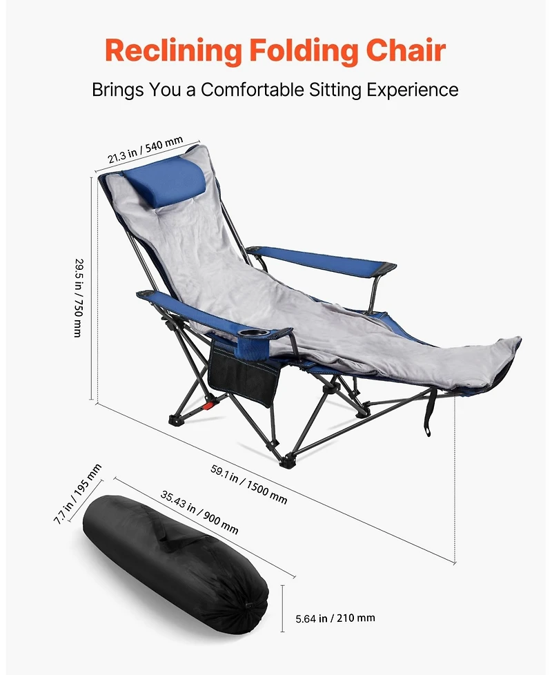 Sugift Reclining Camping Chair 4 Adjustable Positions Folding Lounger with Footrest