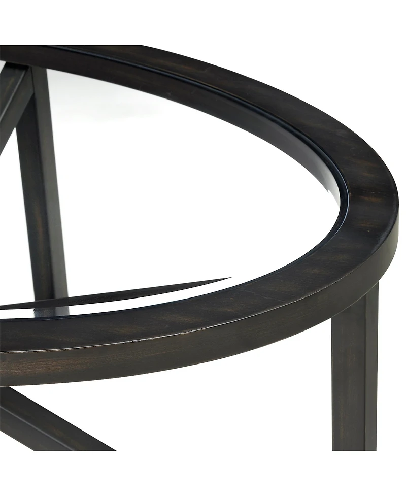 sumyeg Modern Round Tempered Glass Outdoor Coffee Table with Solid Wood Base