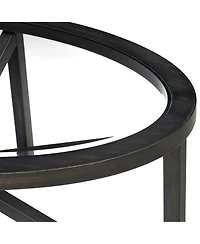 sumyeg Modern Round Tempered Glass Outdoor Coffee Table with Solid Wood Base