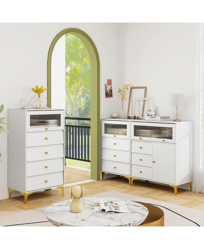 Sugift Chest of Drawers with Fluted Glass Door and Storage