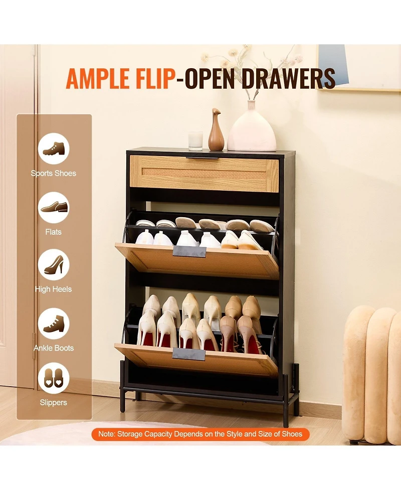Sugift Rattan Shoe Cabinet, Narrow 2 Flip Drawers and 1 Slide Drawer