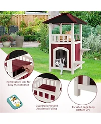 Zeus & Ruta 2 Story Wooden Cat House with Asphalt Roof Balcony and Rain Curtain for Outdoor Use
