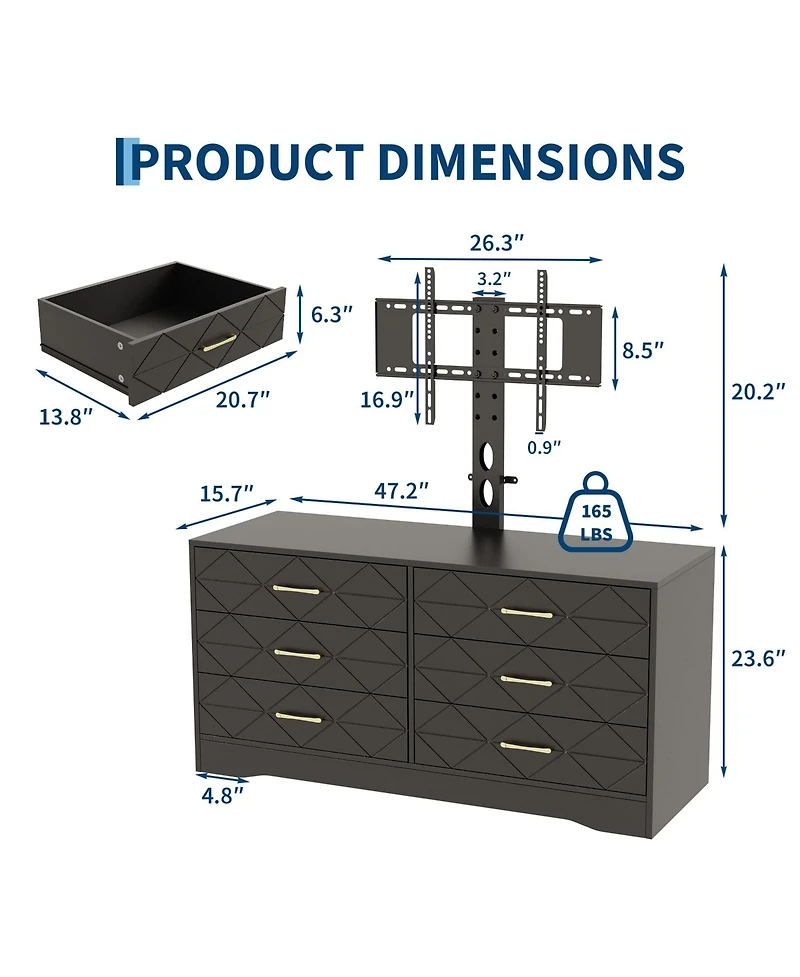 gaomon 6 Drawer Tv Stand Dresser for 32-80 Inch TVs, Wood Entertainment Center with Adjustable Mount.