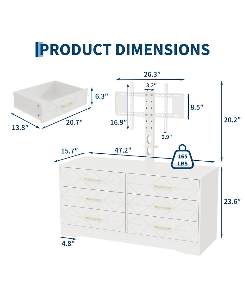 gaomon 6 Drawer Tv Stand Dresser for 32-80 Inch TVs, Wood Entertainment Center with Adjustable Mount.