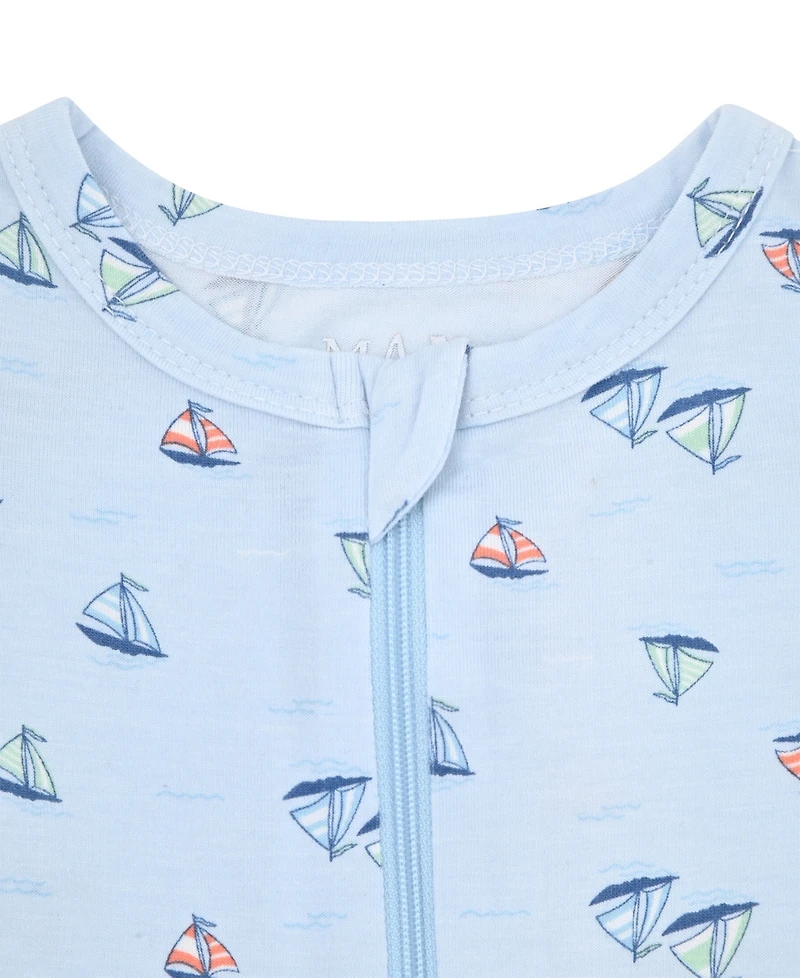Max & Olivia Baby Boys' Sail Boat Printed Round Neck Footie Sleep Play and Hat, 2-Piece Set