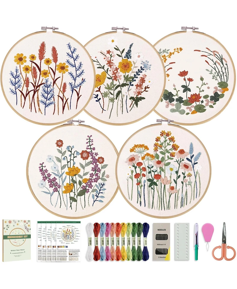 Gnuadz 5 Pack Beginner Embroidery Kit Adults Floral Patterns Hoop Threads Tools
