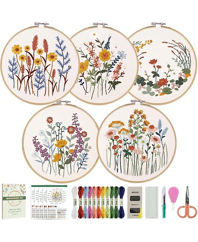 Gnuadz 5 Pack Beginner Embroidery Kit Adults Floral Patterns Hoop Threads Tools
