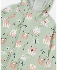 Deux par Deux Big Girls Rain Jacket in Polyurethane Frog Print
