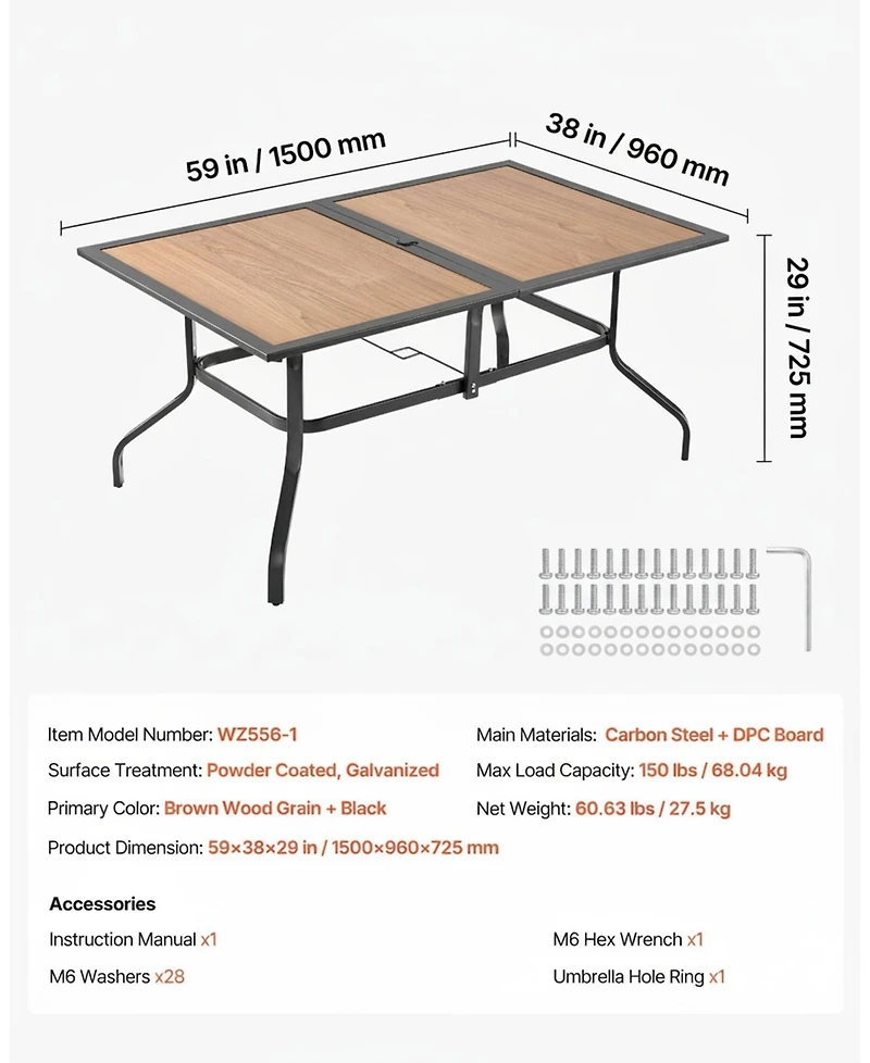 Gouun Wood-Like Steel Slat Patio Dining Table with Umbrella Hole
