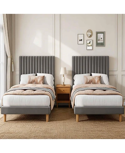 gaomon Set of 2 Velvet Upholstered Platform Beds with Adjustable Tufted Headboard – Vertical Channel Design